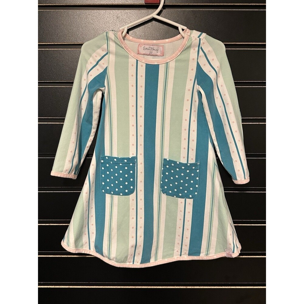 EUC Sweet Honey Girls A-line Dress Stripes + Polka Dots, Teal Pink White Mint 2T